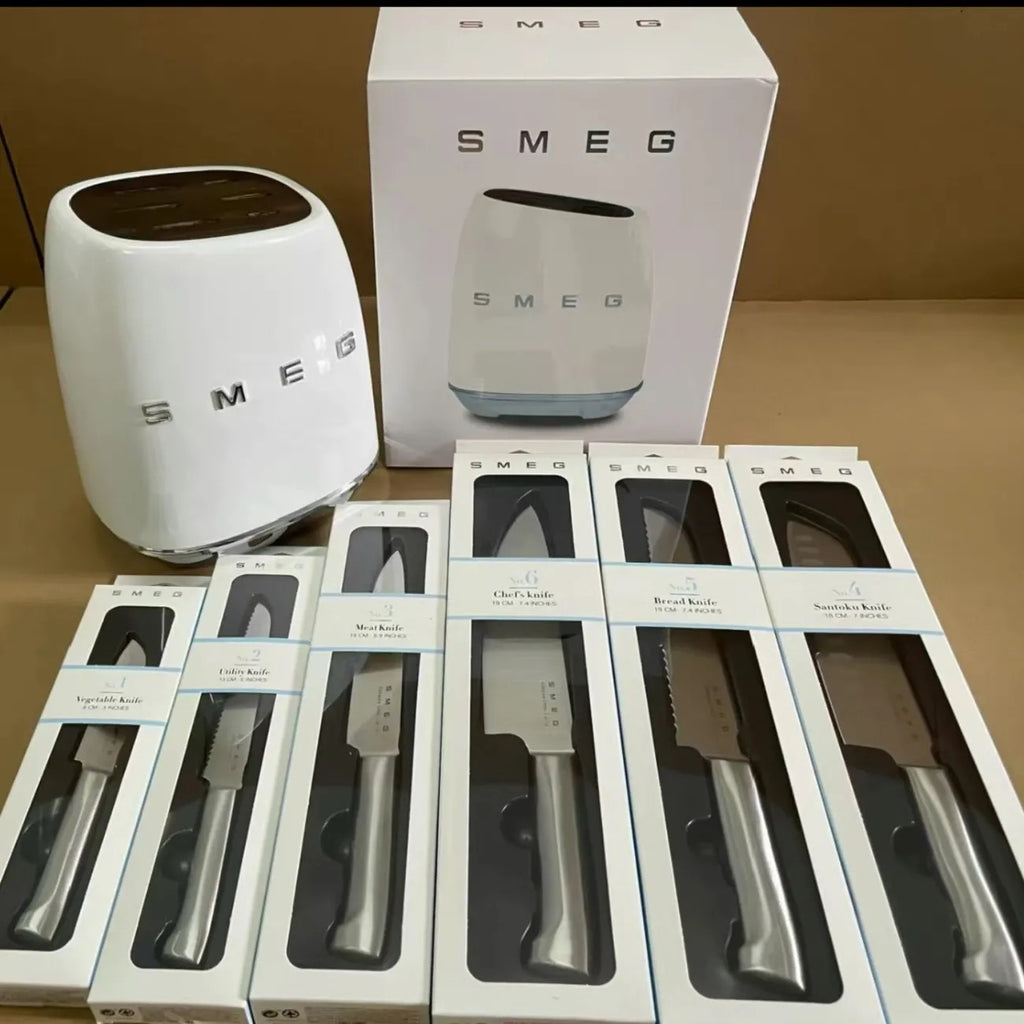 Smeg knife holder stainless steel retro set with 6 knives